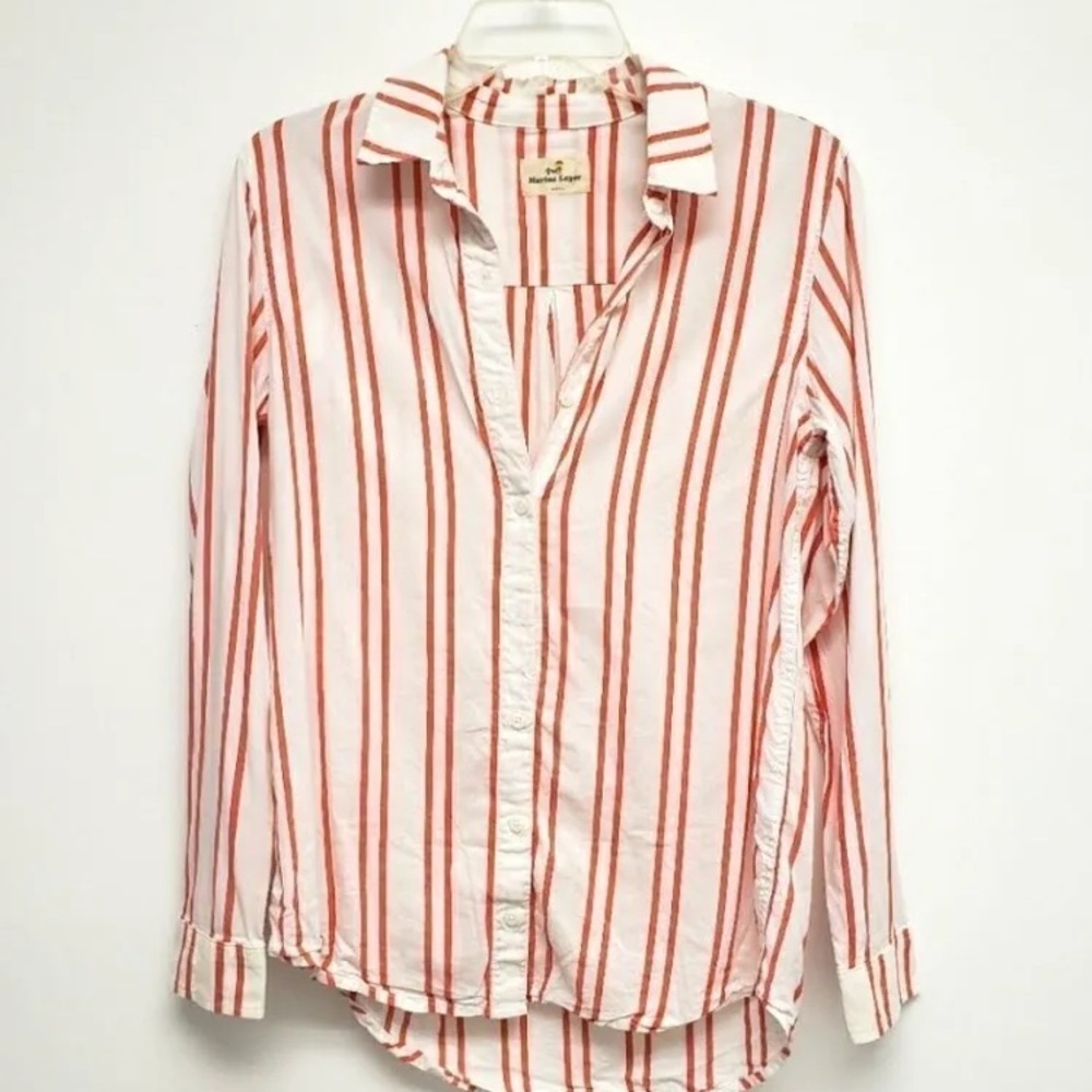 Marine Layer Blythe Button Down Shirt Red White Stripe XS